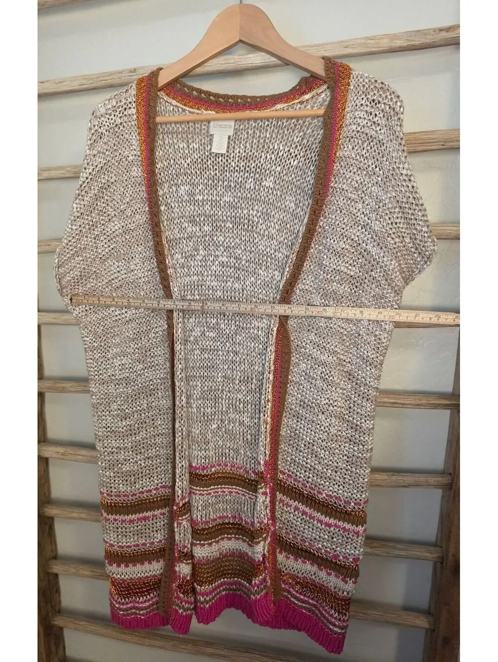 Chico's Women's Knit Open Front Cardigan Sweater Size 2 Beige Pink Brown